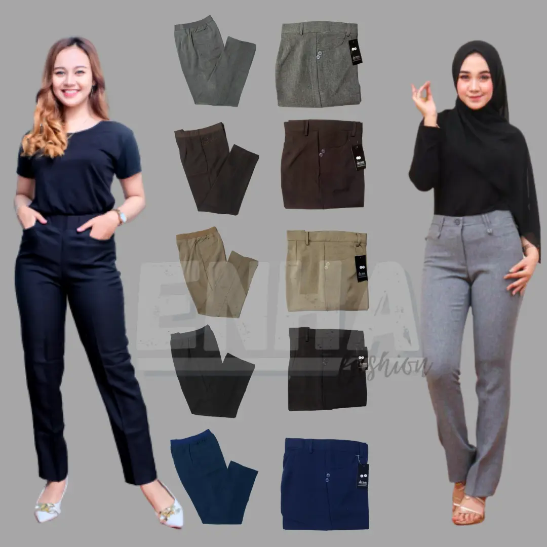 CELANA BAHAN KERJA KANTOR WANITA PINGGANGA KARET DAN RESLETING BIASA CELANA KERJA SEMI SLIMFIT HITAM ABU MUDA NAVY DAN COKLAT SIZE S-5L