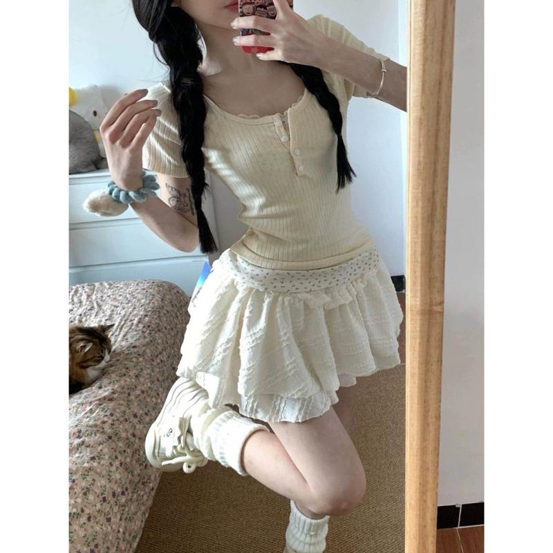Bộ Đồ Mùa Hè Cho Nữ, Phong Cách Ngọt Ngào Mới, Thiết Kế Hoa Chắp Vá, Áo Phông Ngắn Tay, Váy Xếp Tầng, Bộ Hai Mảnh, Thích Hợp Cho Cô Gái Nóng Bỏng, 2025 3