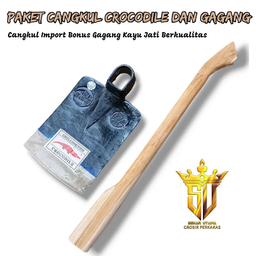 (Paket Hemat) Cangkul Cap Crocodile Asli Dan Gagang/ Pacul Boyo Bonus Gagang Kayu Jati Asli/ Cangkul Tanah Super Kuat