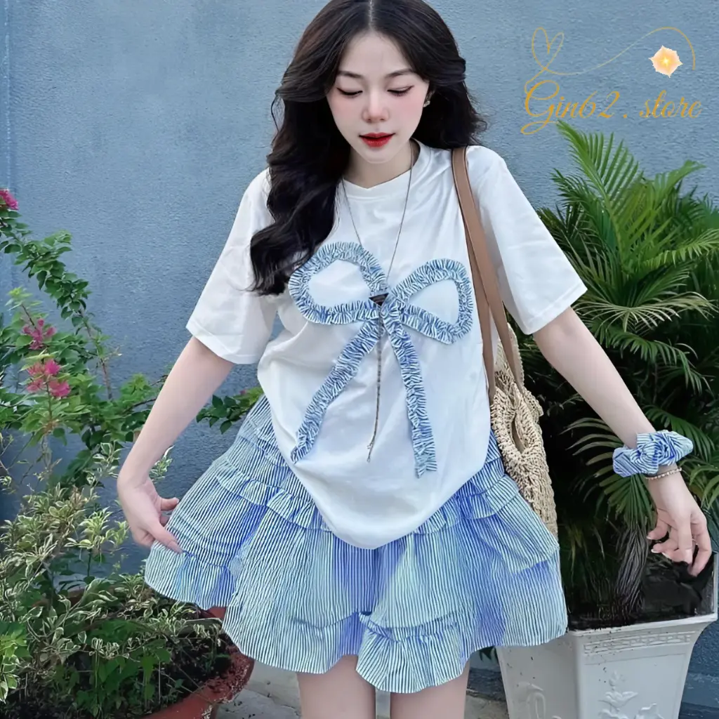 Set áo nơ chân váy tặng kèm chun tóc bánh bèo G127