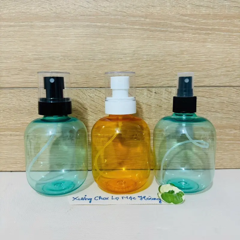 Chai lọ nhựa 300ml Tròn Lùn màu Xanh Ngọc/Cam Trong - Vòi nhấn cao cấp đủ loại -Khóa Vàng-Nắp Bật 8