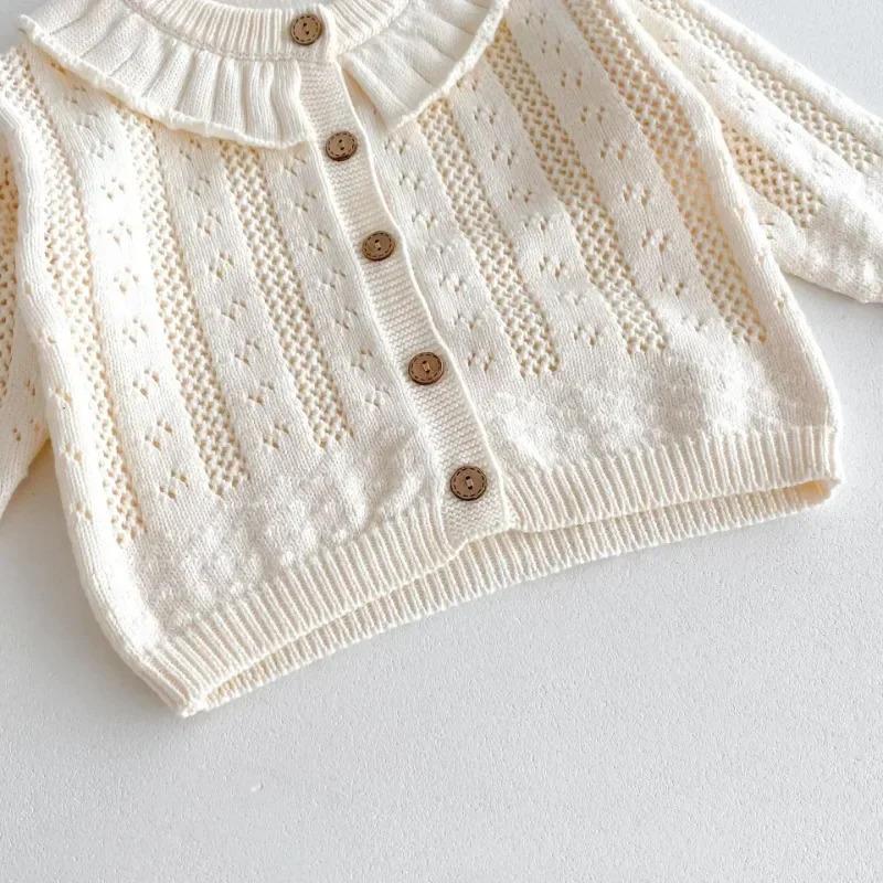 Korean Baby Girl Autumn Hollow Out Sweater Cardigan Kids Fashion Cotton Ruffle Collar Knitted Jacket Spring Solid Outerwear Coat 4