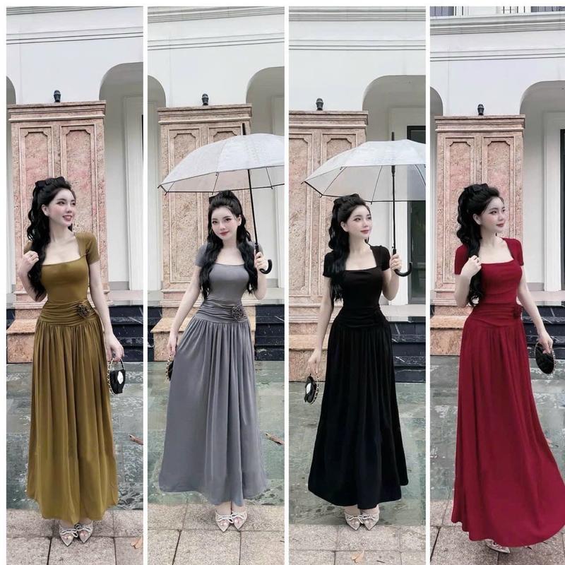 D298 ĐẦM BODY cổ vuông dáng xoè dài hoa bên eo freesize Nữ Dress