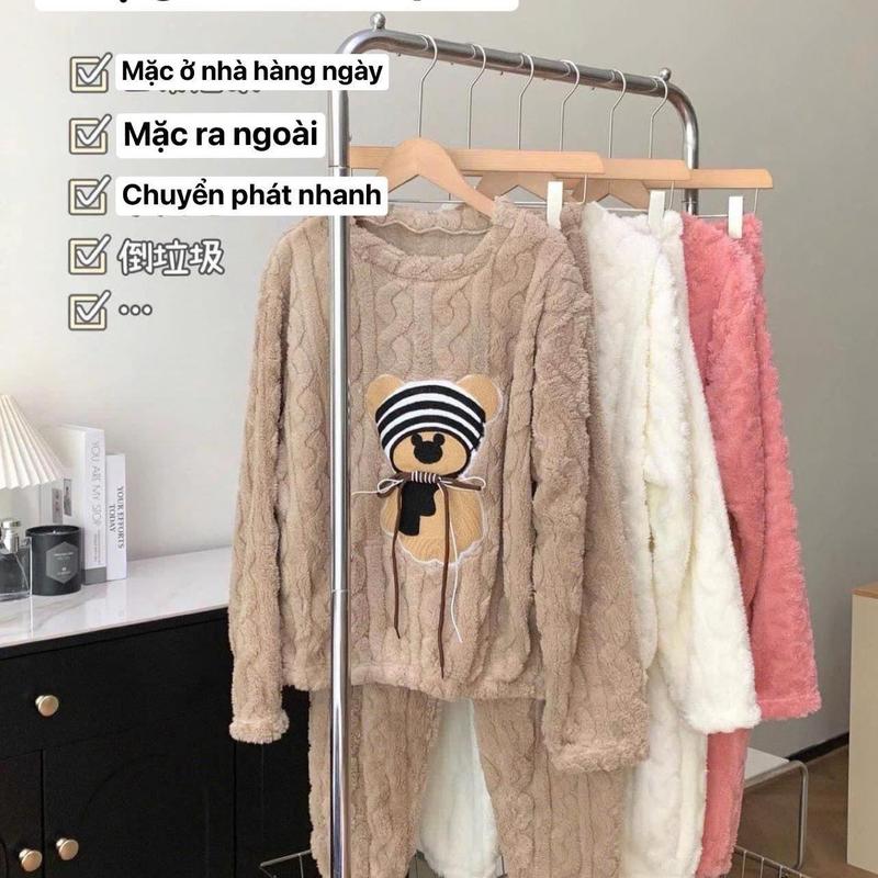 Qc (mã mới) Bộ ngủ lông xoăn GẤU mũ 6 màu An nhiên shop mùa đông Women Nữ - bộ Áo lông Ann Nhiên 7