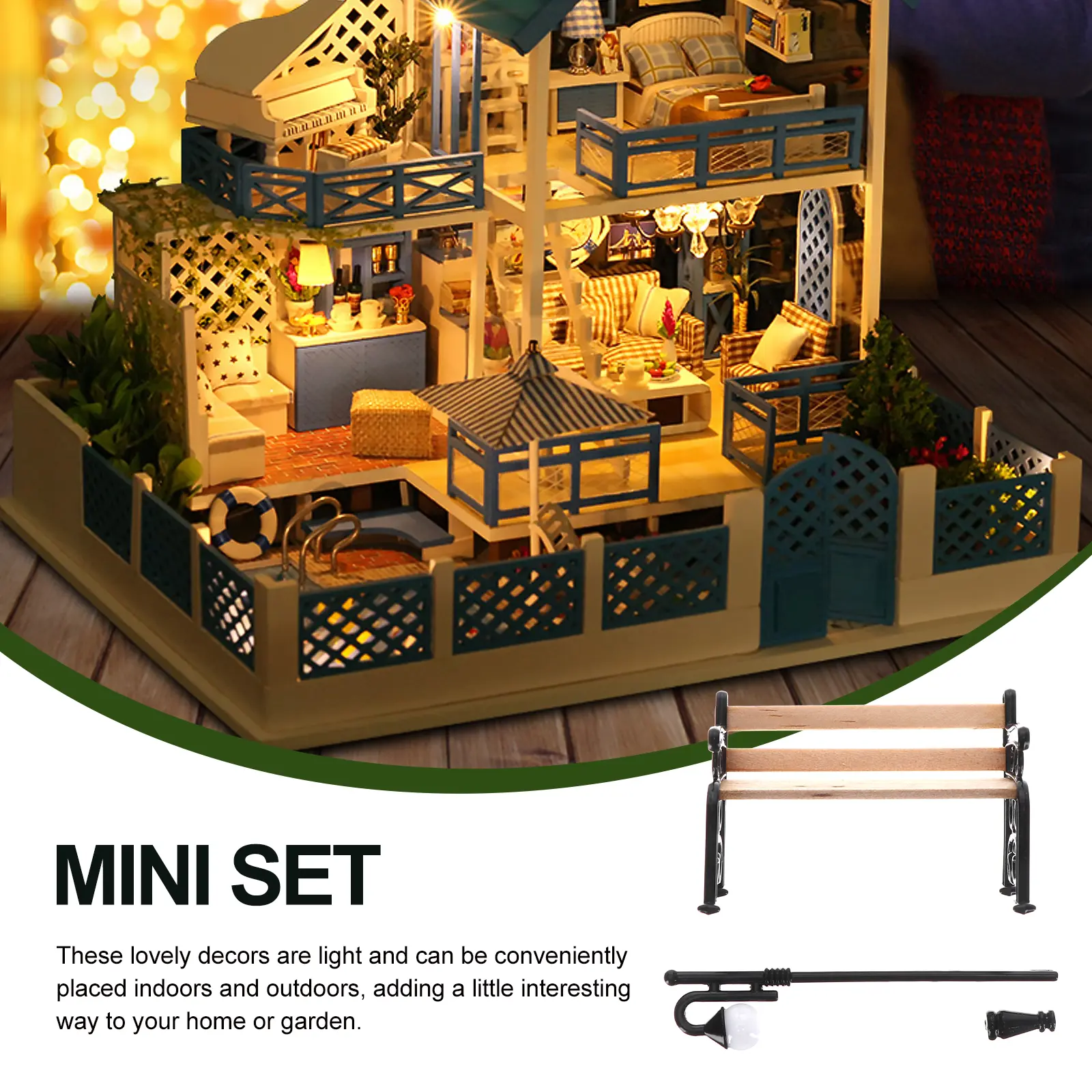 【READY STOCK】Park Bench Street Light Model Terrarium Vintage Home Decor Toy House Child Wooden Stool Alloy 5x3.4cm