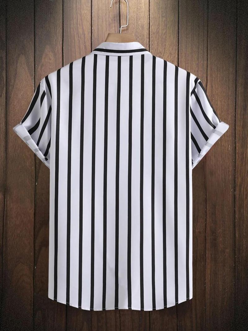 Product Introduction of Men's Striped Print Button Front Shirt, Regular Fit Casual Short Sleeve Collar Shirt for Summer, Fashion Men's Top for Daily Wear 2