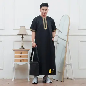 Granito.id - Maroko thobe jubah pria gamis lebaran cowok katun fodu Muslim Panjang - Polos Hitam Gold, M terbatas