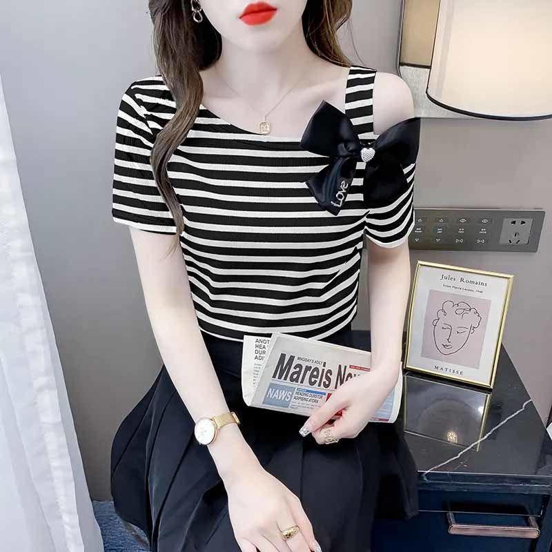 Áo Phông Ngắn Tay, Họa Tiết Sọc, Dành Cho Nữ, Phong Cách Phương Tây, Trông Trẻ Trung, Áo Sơ Mi Nhỏ Đẹp, Trễ Vai, Áo Sang Trọng, Thích Hợp Cho Mùa Hè 2025, Hàng Mới Về 2