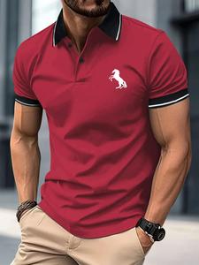 Men's  Contrast Trim Horse Print Button Front Half Placket Polo Shirt, Regular Fit Casual Comfy Breathable Short Sleeve Collared Top for Summer, Fashion Men's Clothes for Daily Wear