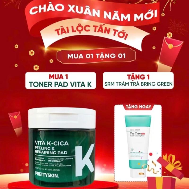 TẶNG sữa rửa mặt Tràm Trà Toner Pad Vitamin K Prettyskin phục hồi làm sạch căng bóng ngừa mụn 80 miếng