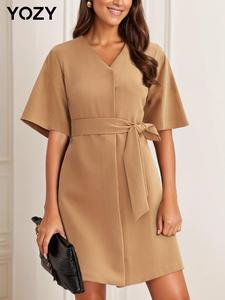 YOZY Women's Solid Color Button Belted V Neck Coat, Elegant Fashion Casual Half Sleeve A Line Dress Outerwear for Daily Outdoor Wear, Women Clothing for Fall & Winter