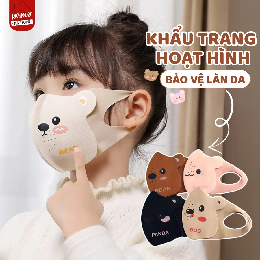 Khẩu Trang Chống Nắng Cho Bé Hình Thú Đáng Yêu, Khẩu Trang Hình Gấu Cho Trẻ Em 1-10 tuổi