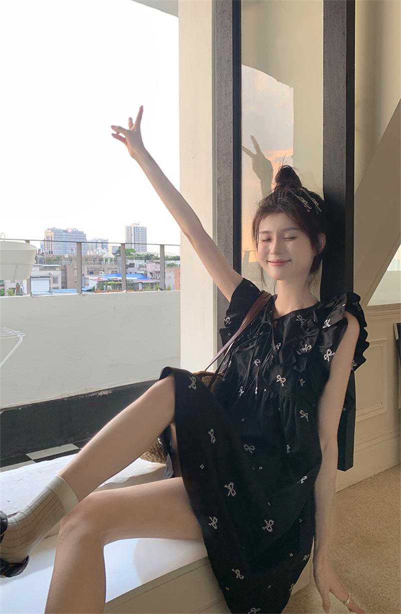Product Introduction of JLYDQ*Sweet doll skirt with small flying sleeves, black dress for women in summer, loose ruffled hem, belly covering, short skirt, cute jumpsuit, short skirt 2