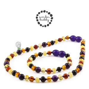 Amber Buddy | LE554 Kalung & Gelang Bayi Baltic Amber kombinasi Purple Tiger Eye. 32cm & 14cm