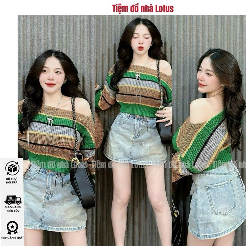 (Best seller) Áo Len Croptop Kẻ Xanh Tay Dài (Lotus shop) xinh Nữ