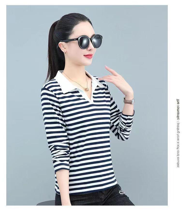 Product Introduction of Youthful Turn-down Collar T-shirt Striped Slim Fit Women Spring Autumn 2024 New Age-reducing Polo Collar Long Sleeve T-shirt 19