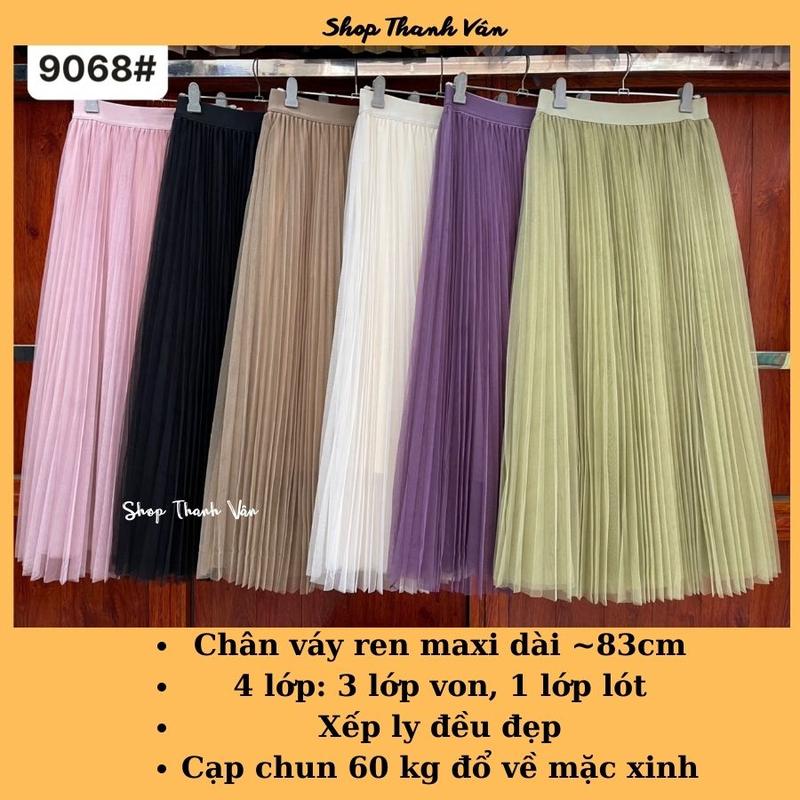 Chân váy xòe xếp ly dáng dài chất ren 4 lớp mềm mại nhẹ nhàng váy dài 83cm cạp chun mix đồ dễ thương TV9068 Nữ Voan Đen