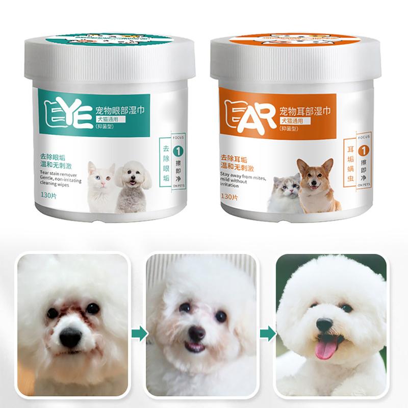 130 Pcs Pet Eye Wet Wipes Dog Cleaning Paper Cat Tear Stain Remover Soft Non-intivating Cleaning Towels Portable Grooming Supplies Pets Accessory #434749 1