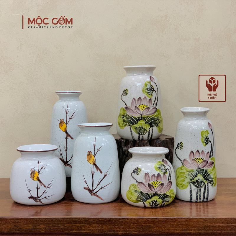 Bộ 3 Lọ hoa decor gốm sứ vẽ tay men lạnh màu trắng Bát Tràng Decor Phòng - Mộc Gốm MG24