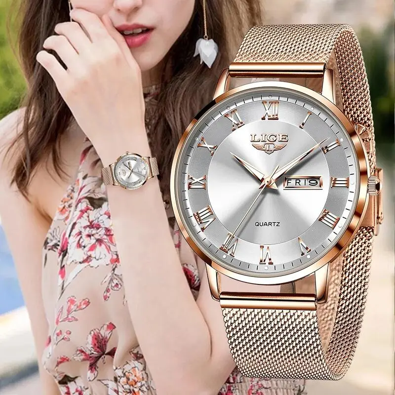 LIGE Brand Women Watches Quartz Watch Fashion Ladies Stainless Steel Waterproof Calendar Week Wristwatch