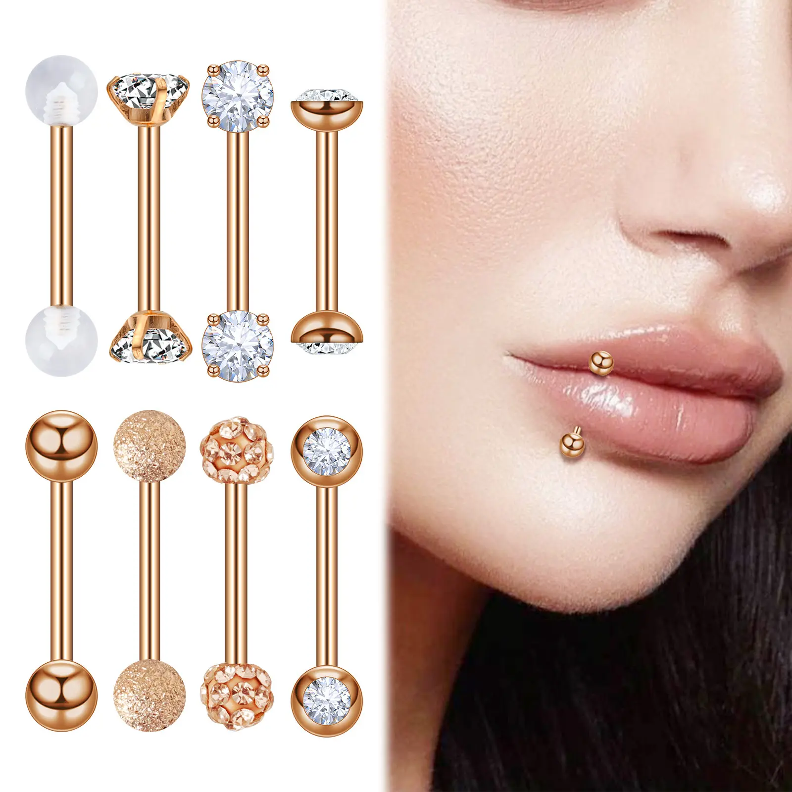 New -set Stainless Steel Rose Gold Tongue Stud Earrings Lip Stud Set Ear Bone Nail Piercing Jewelry