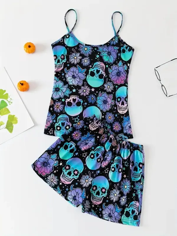 Two-piece Set Women's All Over Skull & Floral Print Pyjama Set, Casual Sleeveless Cami Top & Elastic Waist Shorts, Ladies Sleepwear Loungewear for All Seasons, Halloween Pajamas, Pajama Sets Women, Matching Sets 3