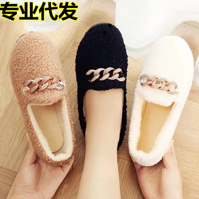 Giày Mũ Len, Hàng Mới Về Mùa Đông, Giày Có Lông, Giày Ngoài Trời, Giày Bông Nhồi Bông Phẳng, Đế Dày, Thiết Kế Thắt Nơ, Cổ Thấp, Giày Ấm