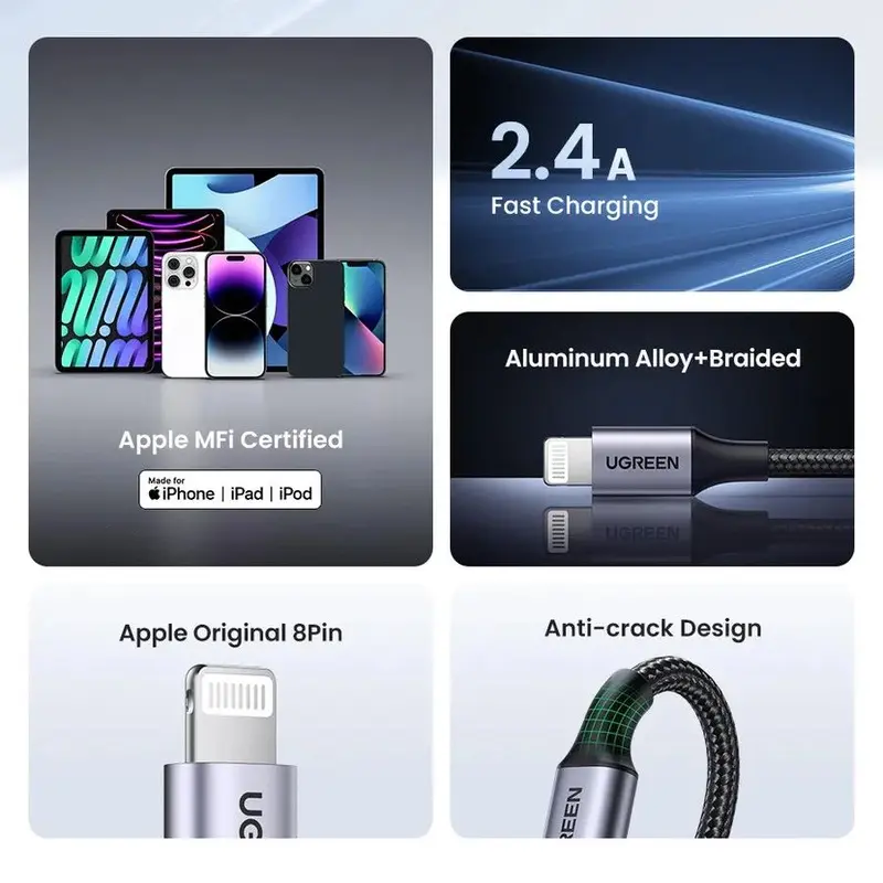 UGREEN Kabel Data iPhone Bersetifikat MFI USB-A To Lightning Fast Charging Nylon Braided Cable Panjang 2