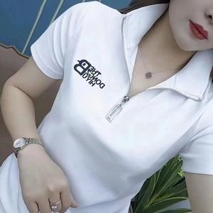 100KG Can Wear Korean Version Fashion White Short Sleeve Ladies Zipper Lapel T-shirts Letter Logo Print Showing Slim Women Polo shirt Foreign Flavour Stand Collar Shirts