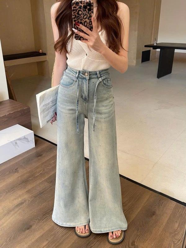 (QB519) Quần jean ống rộng loe màu mài ánh bạc cạp phối dây MAIDO TRENDY Nữ Pants 3