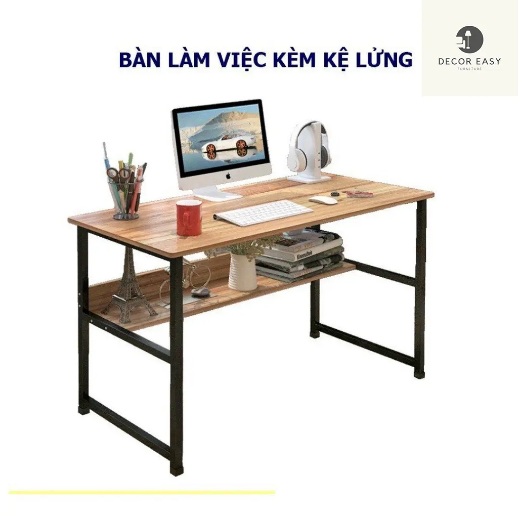 Bàn làm việc đa năng gỗ với kệ lửng chân sắt bànhọc củapangbowen bàn _ bàn  cao