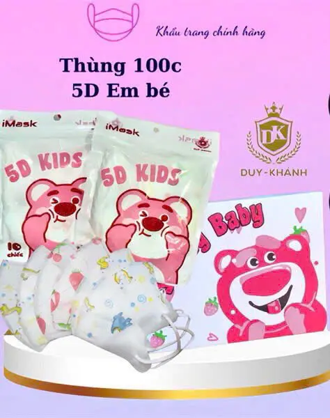 Thùng 100 cái khẩu trang 5D kids Duy Khánh, khẩu trang 5D trẻ em 1-7 tuổi túi zip Cho Bé 2