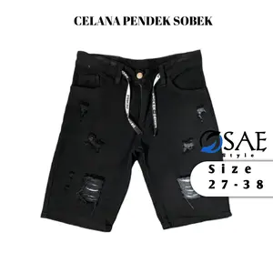 Celana Jeans Pendek Sobek Riped Hitam Keren Distro High Nyaman Pria  Ripped