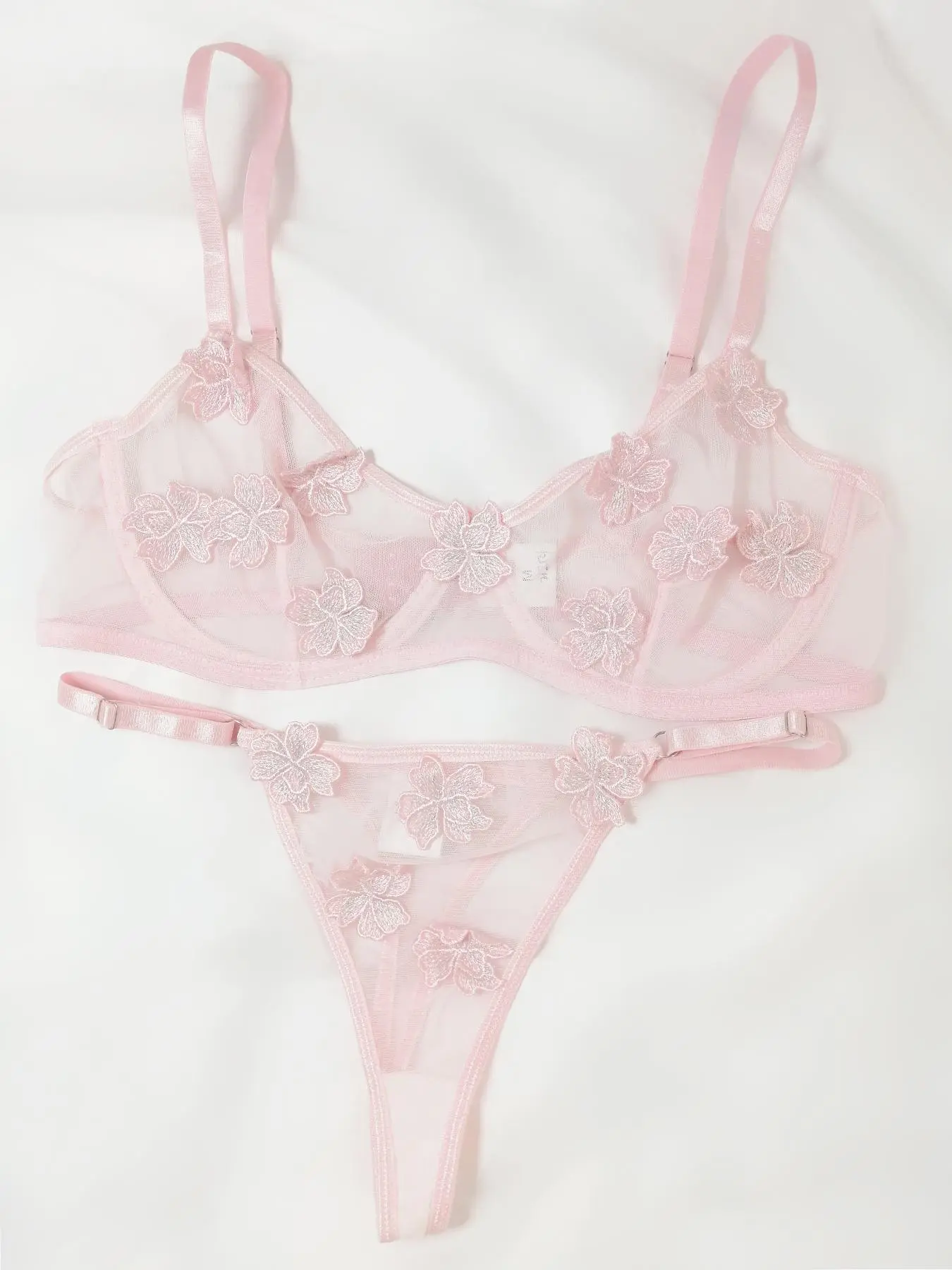 Women's 2pcs Appliques Sheer Lace Bra & Thong Set, Mean Girls Casual Comfort Adjustable Spaghetti Strap Push up Bra & Panty Two-piece Lingerie Set, Women's Lingerie & Underwear