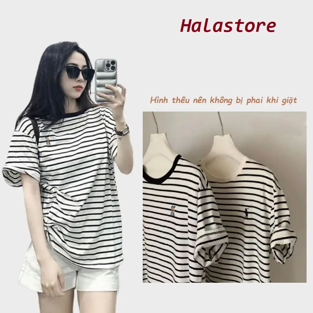 Áo Phông Nữ Cộc Tay Kẻ Ngang Thêu Hình Ngựa, Hình Người Dáng Form Rộng Bigsize 310T