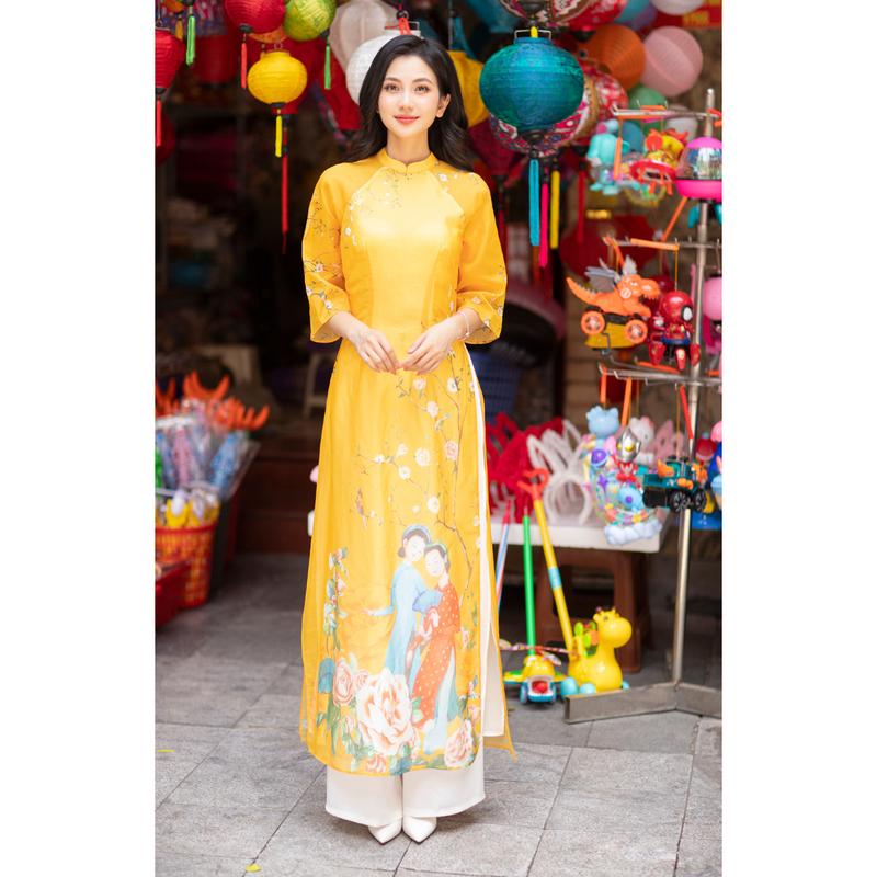 Áo dài Vân du - vàng, áo dài dáng truyền thống tay xòe cổ trụ 2p, chất liệu tơ organza thoáng mát Nữ Dress Váy Đầm Women