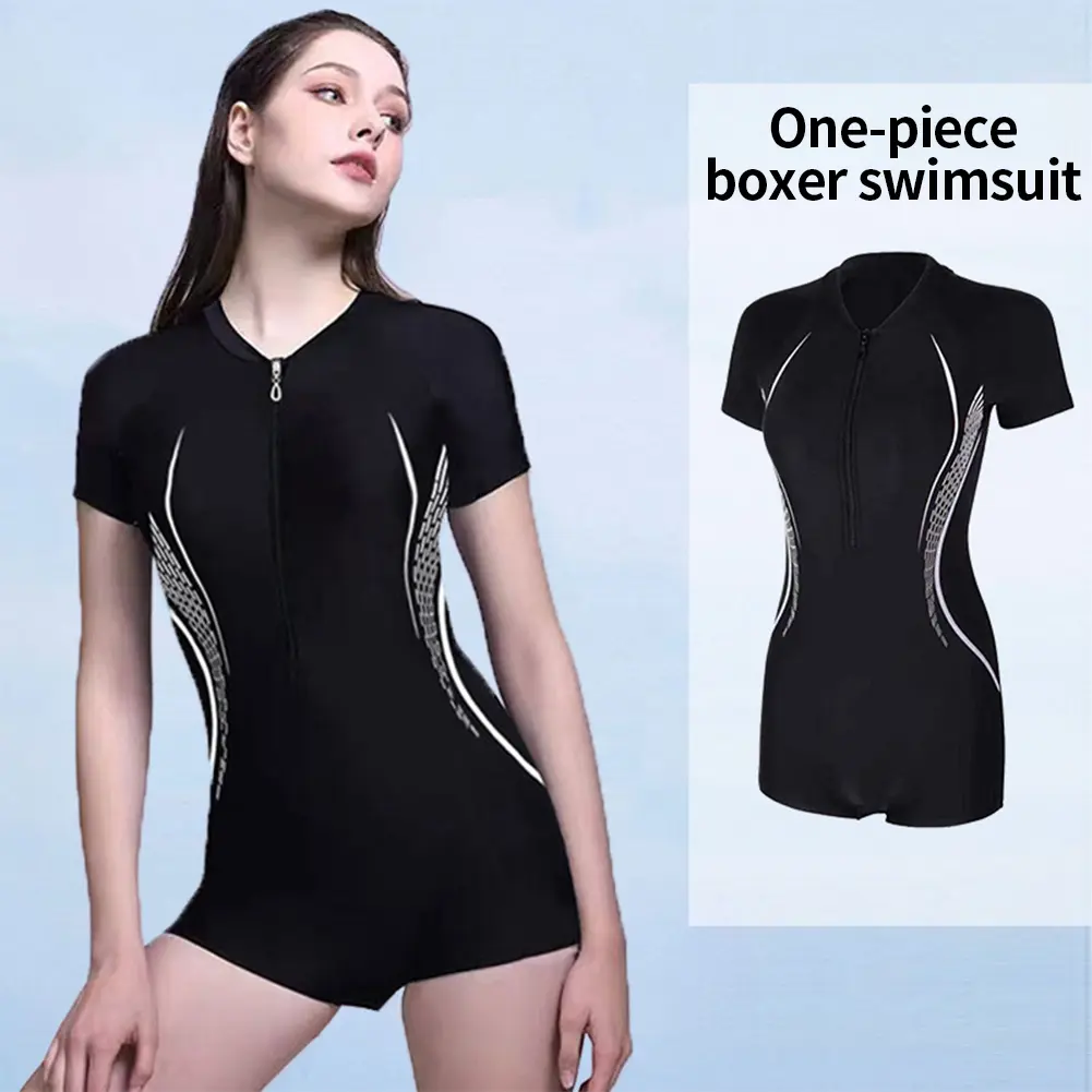 Women Professional Swimsuit One-Piece Flat Corner Sports Swimsuit With Zipper Comfortable Conservative Hide The Flesh And Lean Hot Spring Water On Sports Equipment #452650