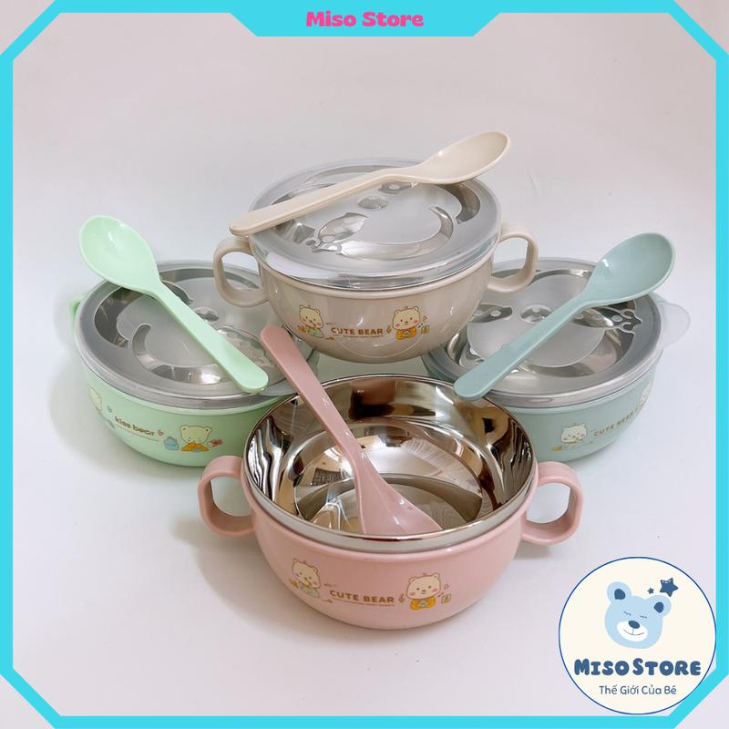 Chén Ăn Dặm Cho Bé, Bát Ăn Inox Cách Nhiệt Có Tay Cầm Kèm Muỗng Và Nắp Cho Bé | Miso Store