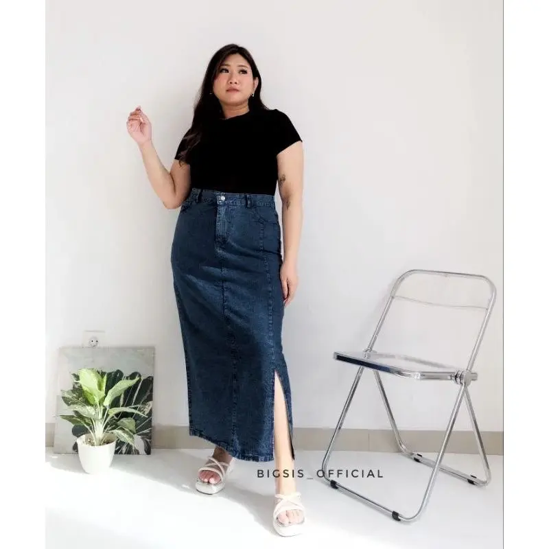 Rok span jeans size 4-6XL varian belah dan sobek pinggang karet - rok body sexy plus varian baru Wanita Panjang 1