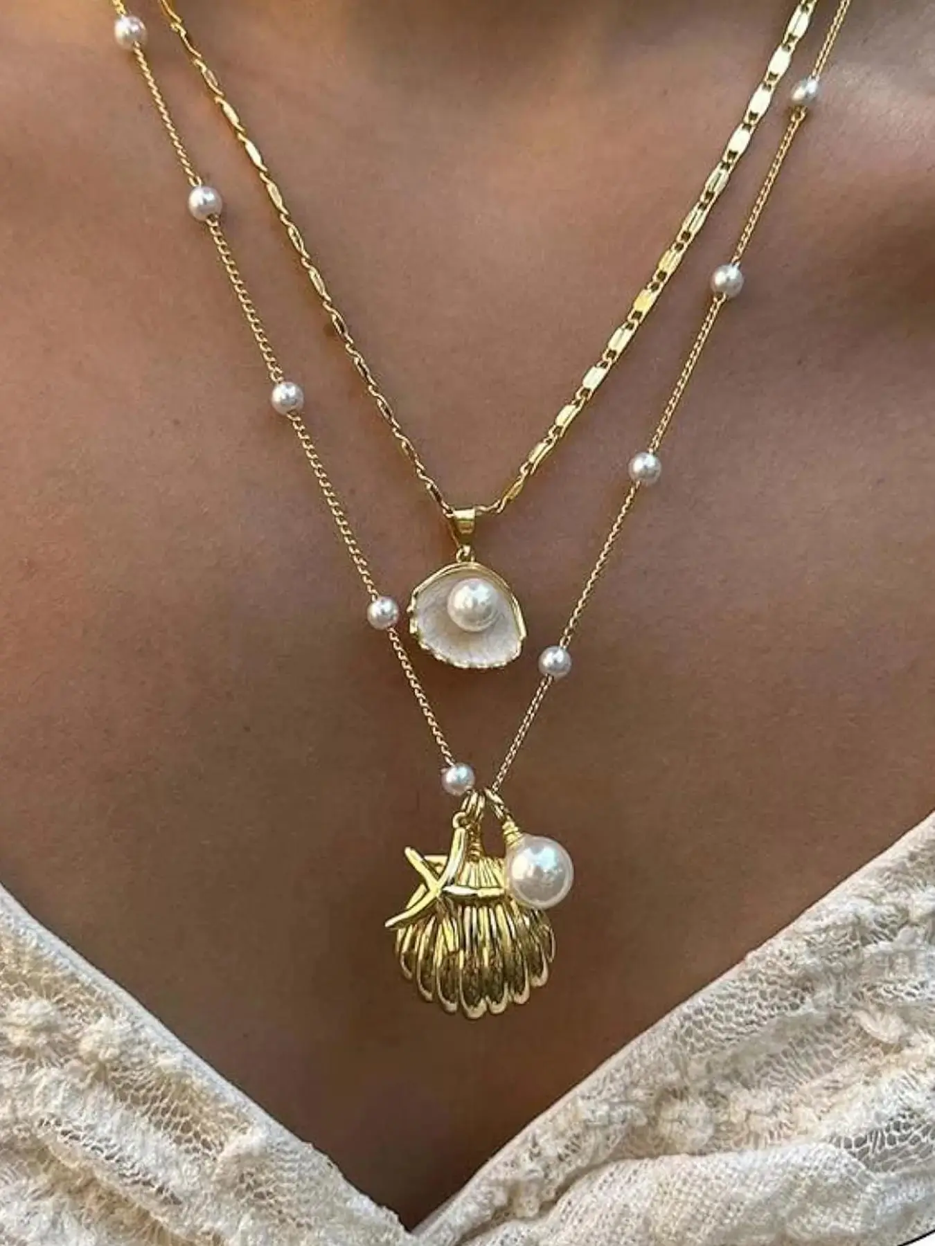 Shell & Starfish Design Necklace, Boho Style Pendant Necklace for Women for Party, Daily Decor, Trendy All-match & Exquisite Jewelry for Birthday Gift