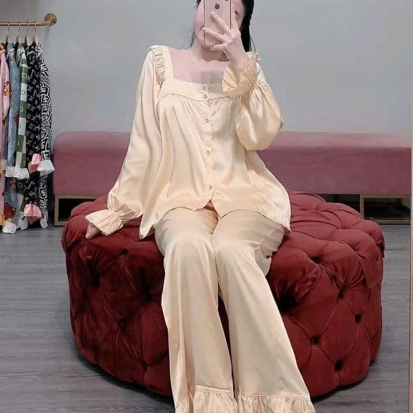Đồ bộ pyzama bèo cổ vuông tiểu thư có dây lưng [vải kate] nhiều màu Trắng  Nữ