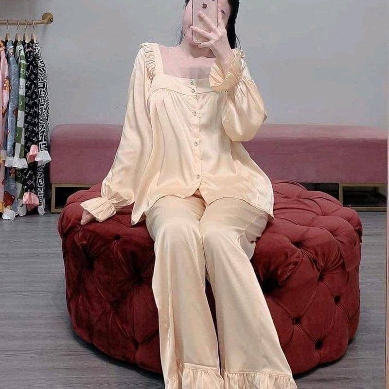 Đồ bộ pyzama bèo cổ vuông tiểu thư có dây lưng vải kate nhiều màu Trắng Nữ