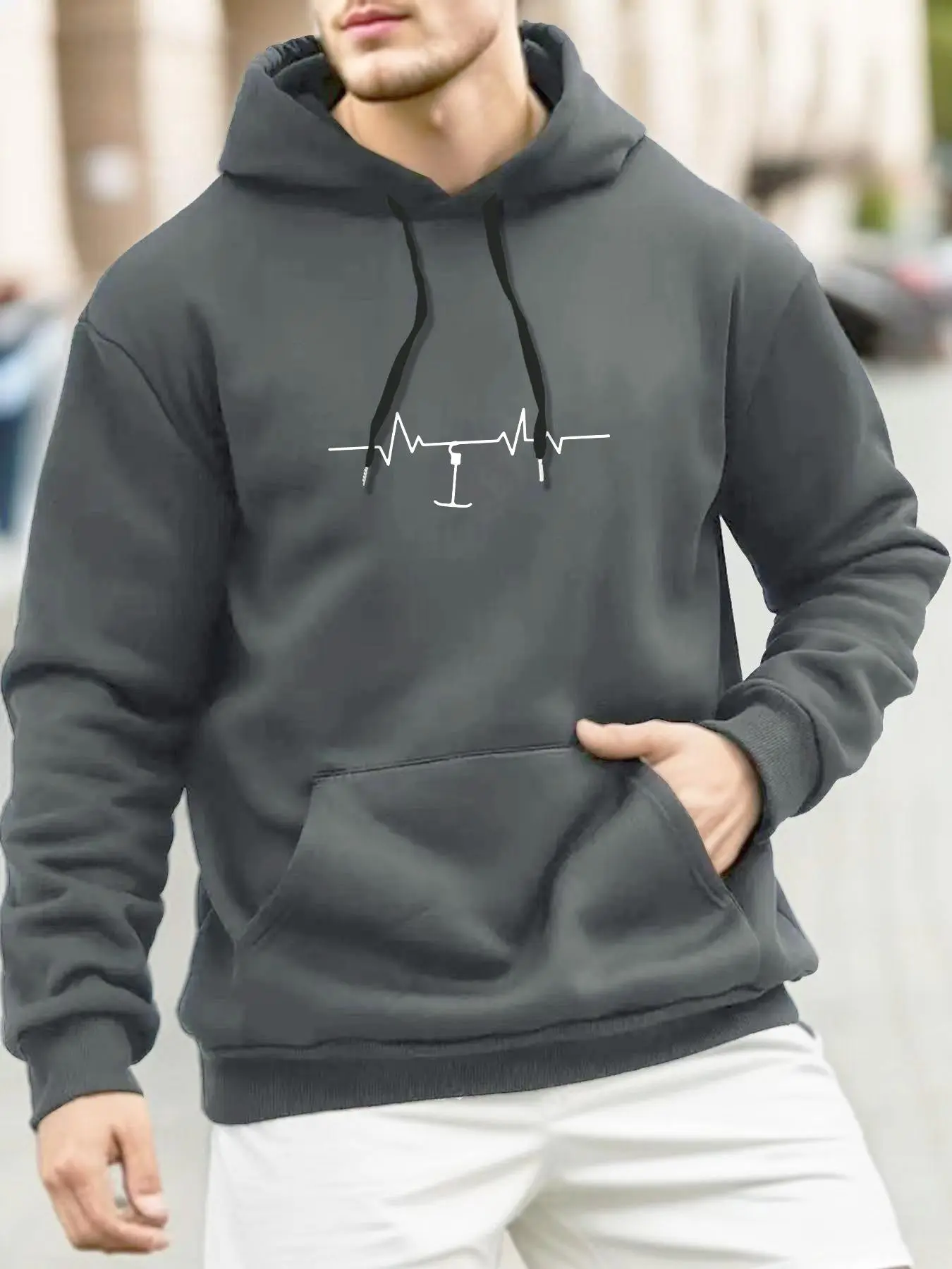 Men's EKG Line Print Drawstring Hoodie, Regular Fit Casual Pocket Long Sleeve Hooded Sweatshirt, Men Clothes for Fall & Winter Daily Wear