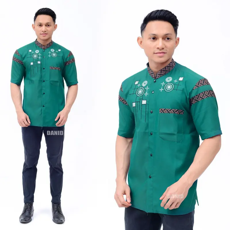 Kemeja koko lengan pendek pria dewasa motif kombinasi bordir bahan katun 5