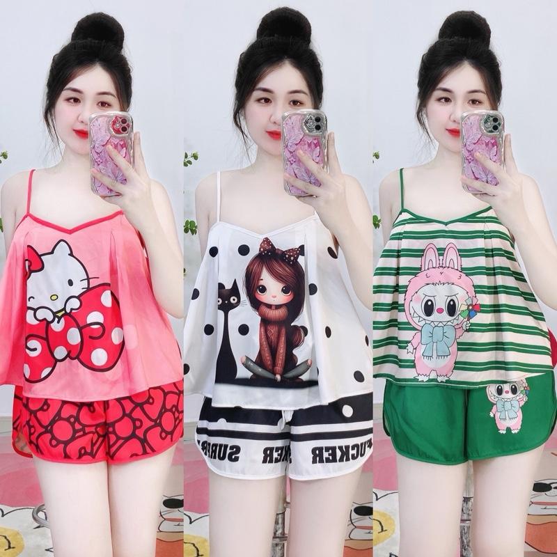 [ Freesize 1cỡ dưới 65kg ] Đồ bộ 2 dây ngủ áo xoè quần đùi lụa latin tơ tằm