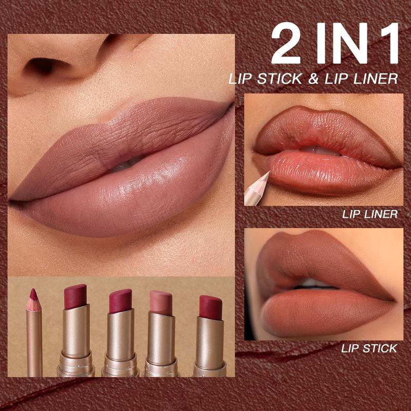 Product Introduction of 2 in 1 Lipstick & Lip Liner Makeup Set, 2 Counts/set Long Lasting Nude Color Lipstick Makeup Tool, Lip Gloss Lip Liner Lip Stain Lip Kit Sets, Gift for Girls & Women 8