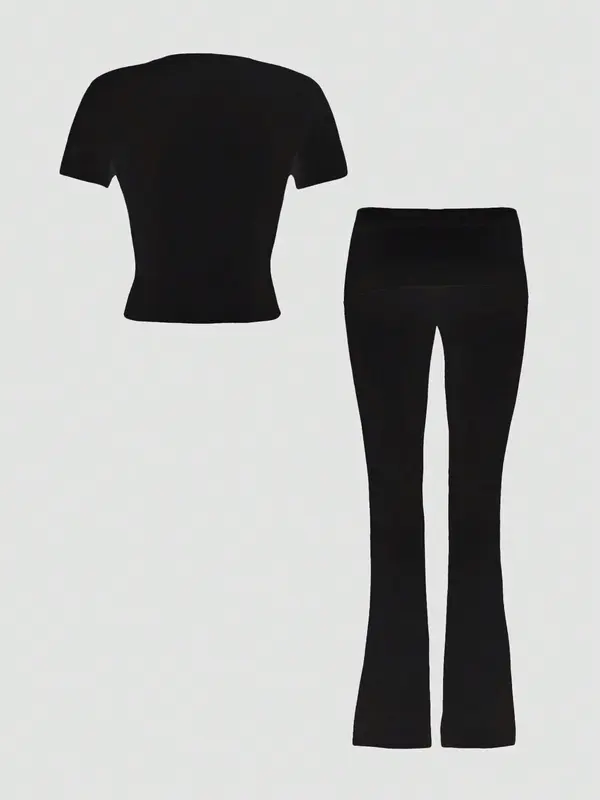 Two-piece Set Women's Solid Crop Top & Flare Leg Pants, Casual Fashion Cozy Round Neck Top & Bell Bottom Trousers for Daily Outdoor Wear, Ladies Clothes for Summer 8