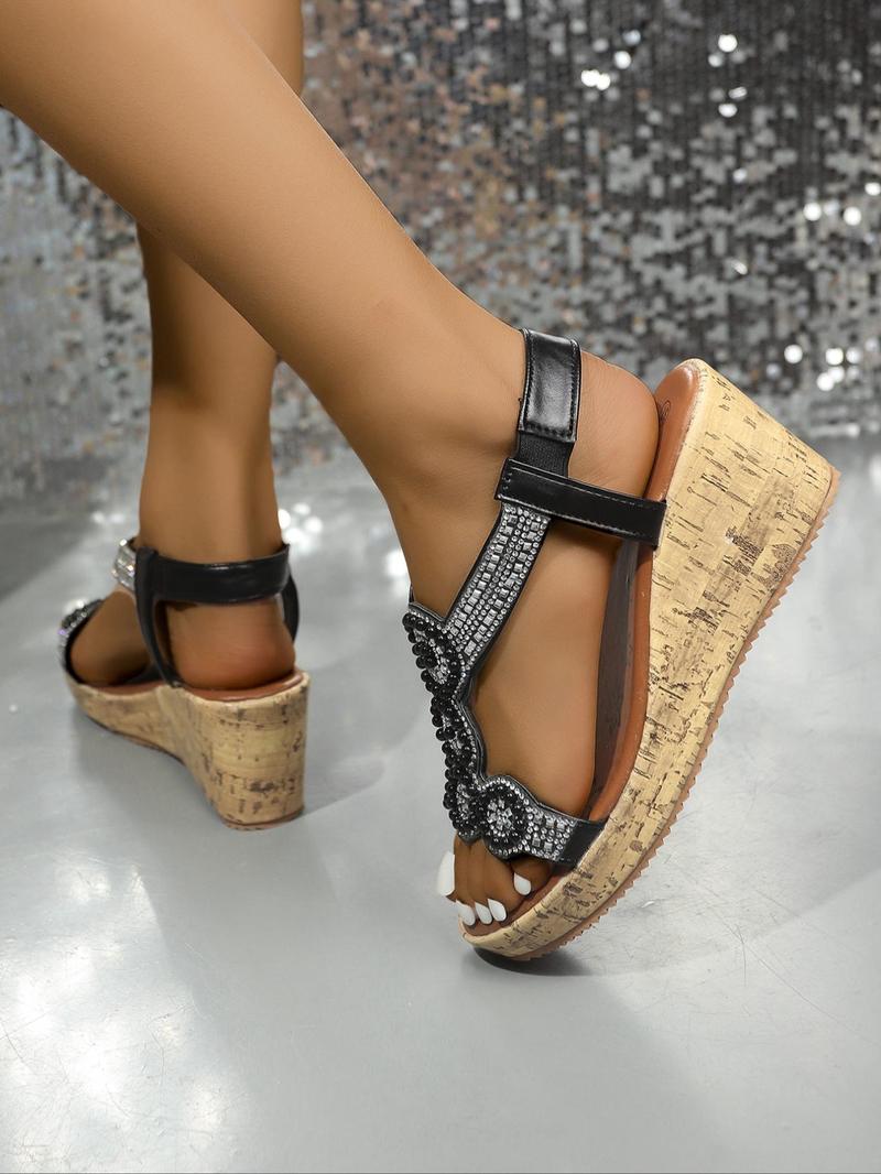 Product Introduction of Women's Fashionable Rhinestone Decorated Sandals, Elegant Slip on Wedge Sandals for Summer, Lightweight Breathable Comfortable Shoes for Daily Wear, Girl 3