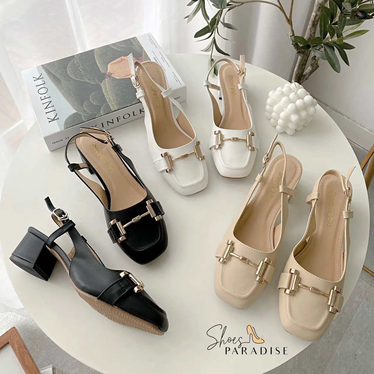Giày cao gót Shoes Paradise bít mũi nữ mũi vuông cao 5cm 5p đế vuông chất da mềm đế chống trơn thời trang học sinh viên công sở màu đen trắng kem L047
