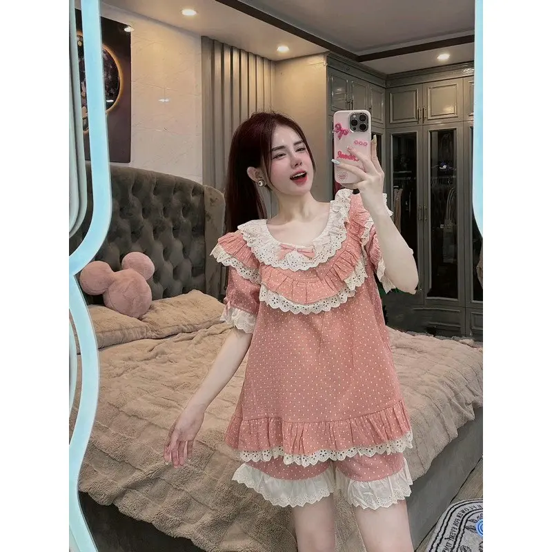 Sét đùi babydoll chấm bi phối ren tiểu thư bigsize chất lụa mát 2